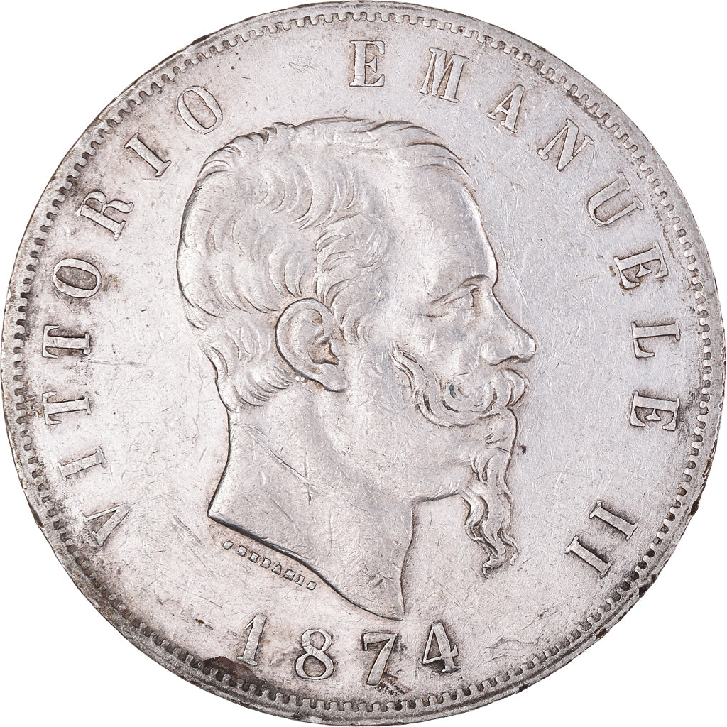 Münze, Italien, Vittorio Emanuele II, 5 Lire, 1874, Milan, SS, Silber, KM:8.3