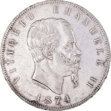 Coin, Italy, Vittorio Emanuele II, 5 Lire, 1874, Milan, EF(40-45), Silver
