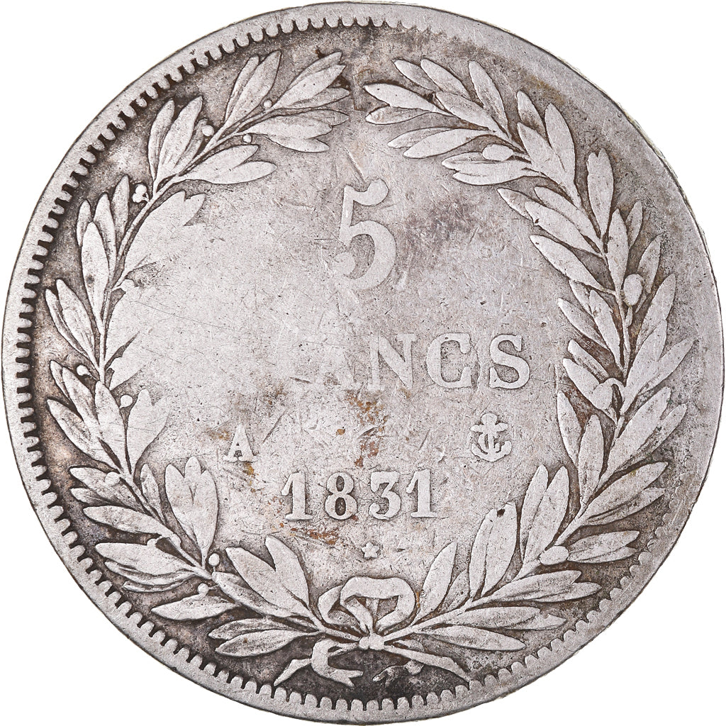 Moeda, França, Louis-Philippe, 5 Francs, 1831, Paris, VF(20-25), Prata