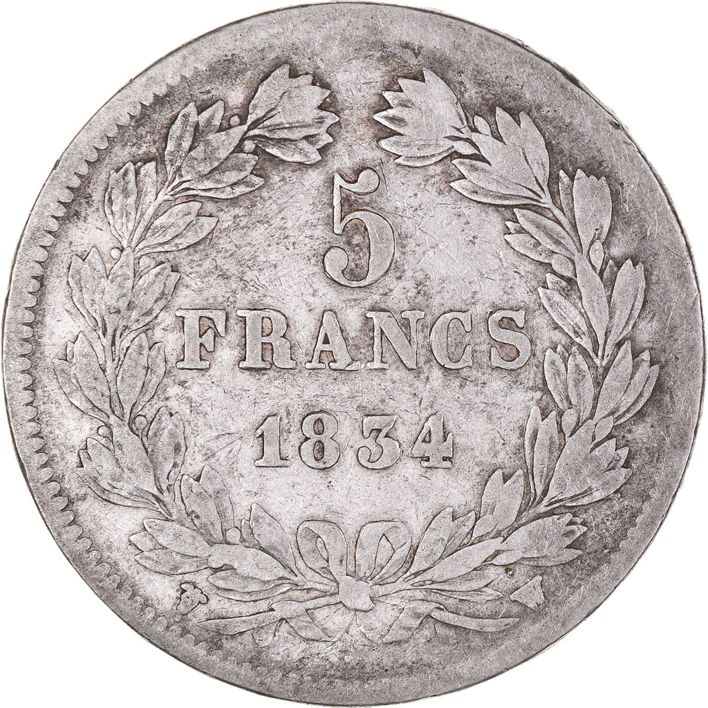 Coin, France, Louis-Philippe, 5 Francs, 1834, Lille, VF(30-35), Silver