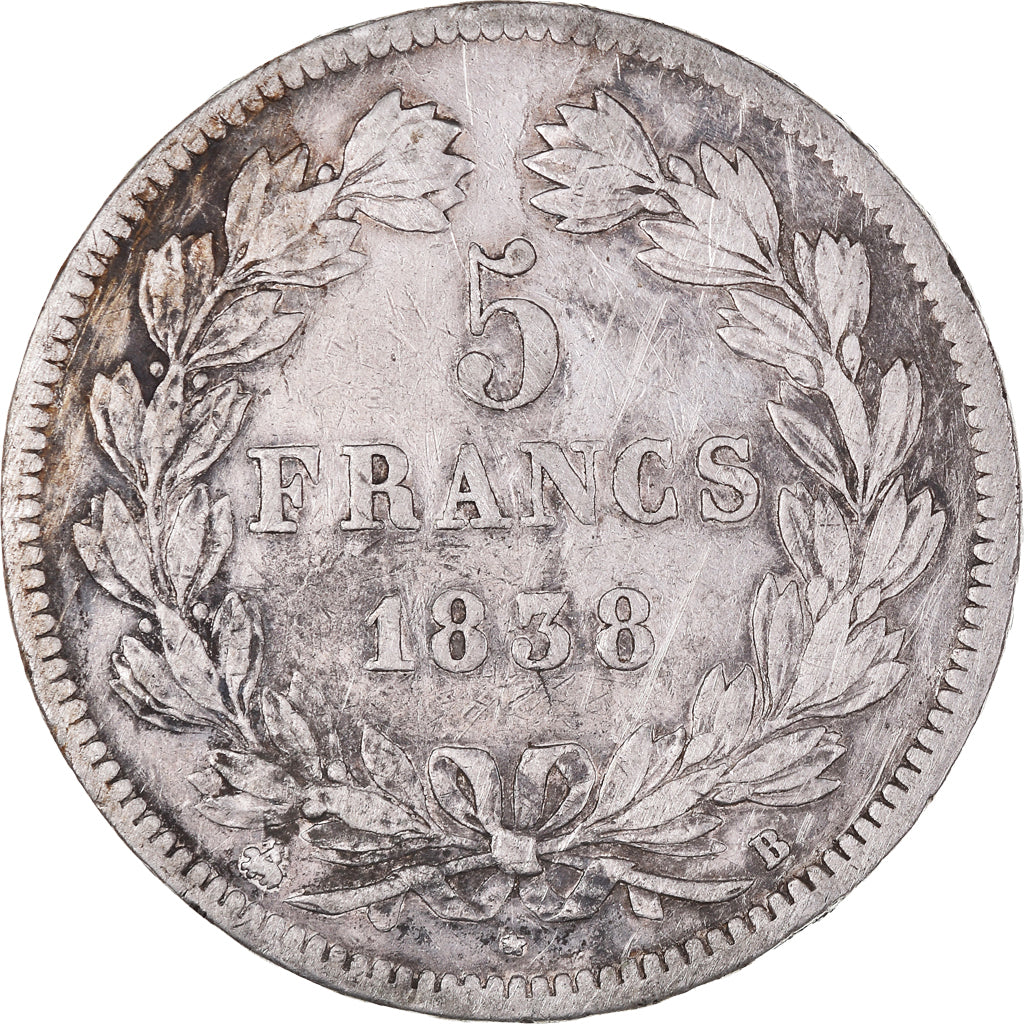 Moeda, França, Louis-Philippe, 5 Francs, 1838, Rouen, VF(30-35), Prata