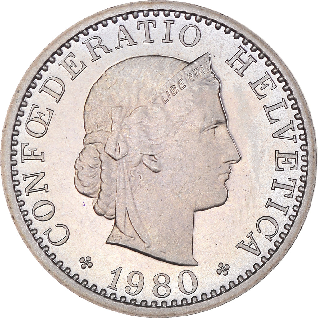 Coin, Switzerland, 20 Rappen, 1980, Bern, Proof, MS(60-62), Copper-nickel