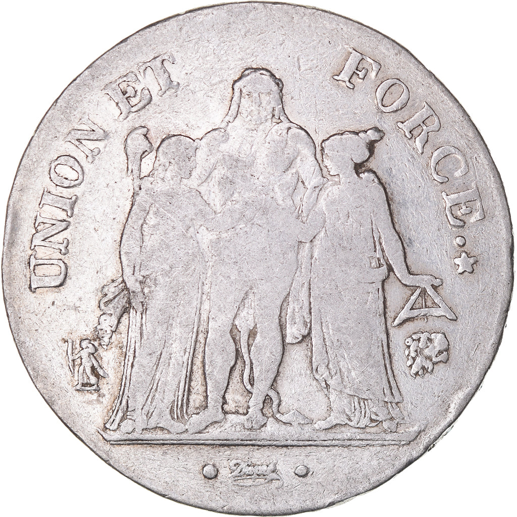 Moneta, Francia, Union et Force, 5 Francs, An 9 (1801), Bayonne, MB+, Argento