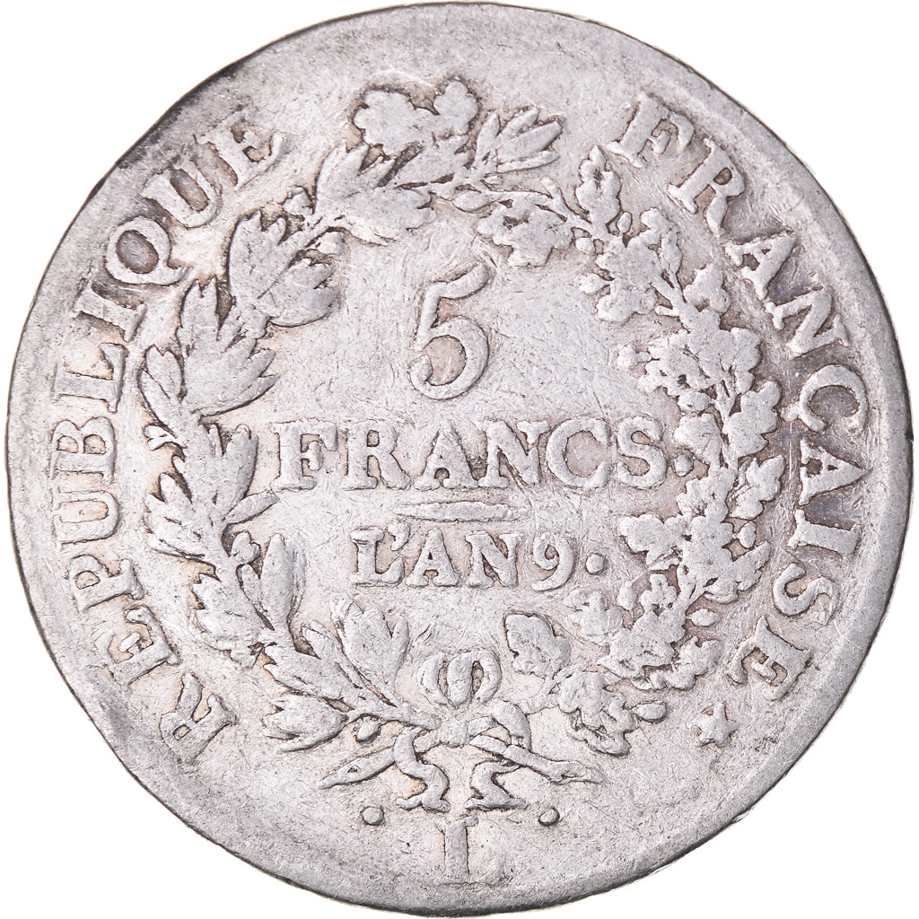 Moneta, Francia, Union et Force, 5 Francs, An 9 (1801), Bayonne, MB+, Argento