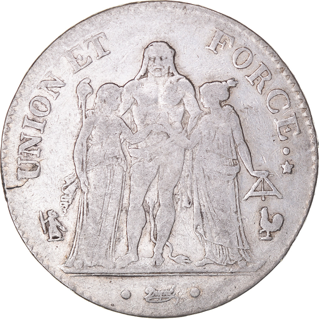 Moeda, França, Union et Force, 5 Francs, AN 7 (1798-1799), Paris, VF(30-35)