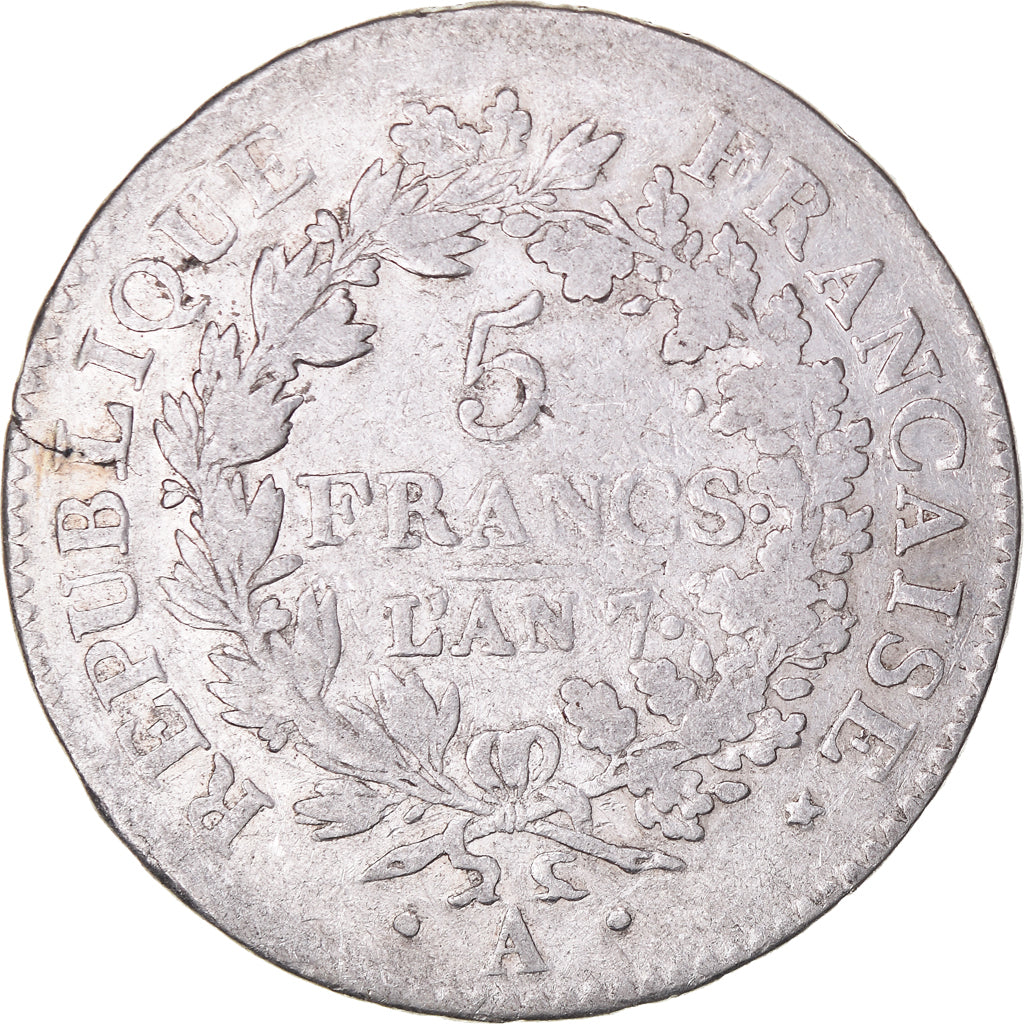 Moeda, França, Union et Force, 5 Francs, AN 7 (1798-1799), Paris, VF(30-35)