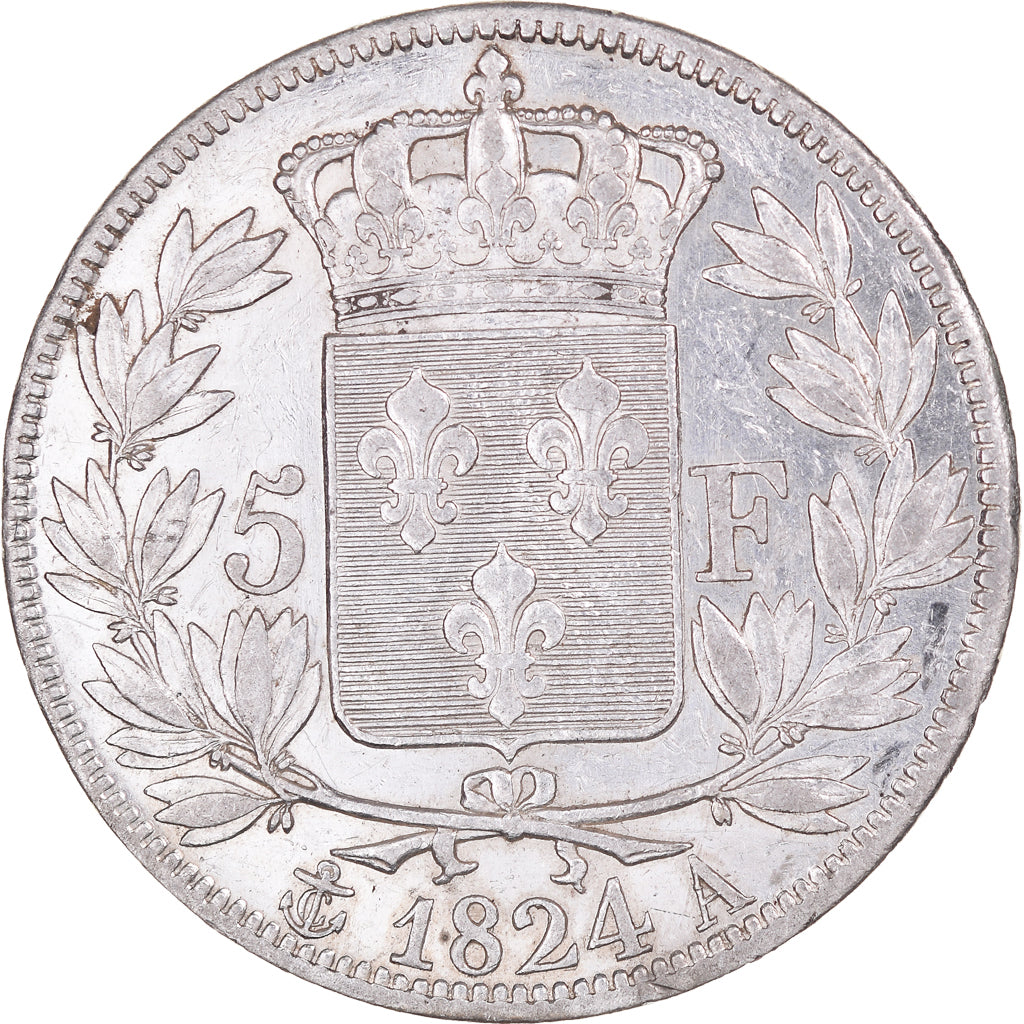 Moneta, Francia, Louis XVIII, 5 Francs, 1824, Paris, Rare in this quality, SPL-