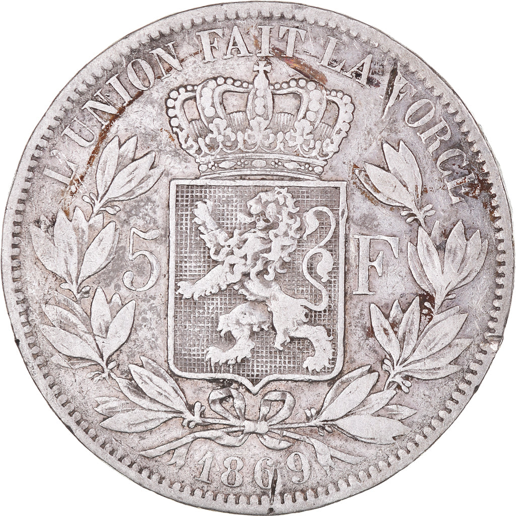 Moneta, Belgio, Leopold II, 5 Francs, 5 Frank, 1869, MB+, Argento, KM:24