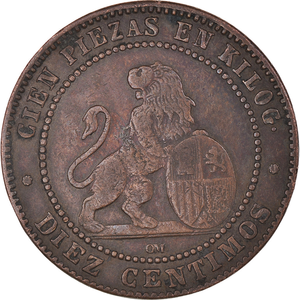 Moneda, España, Provisional Government, 10 Centimos, 1870, Madrid, BC+, Cobre