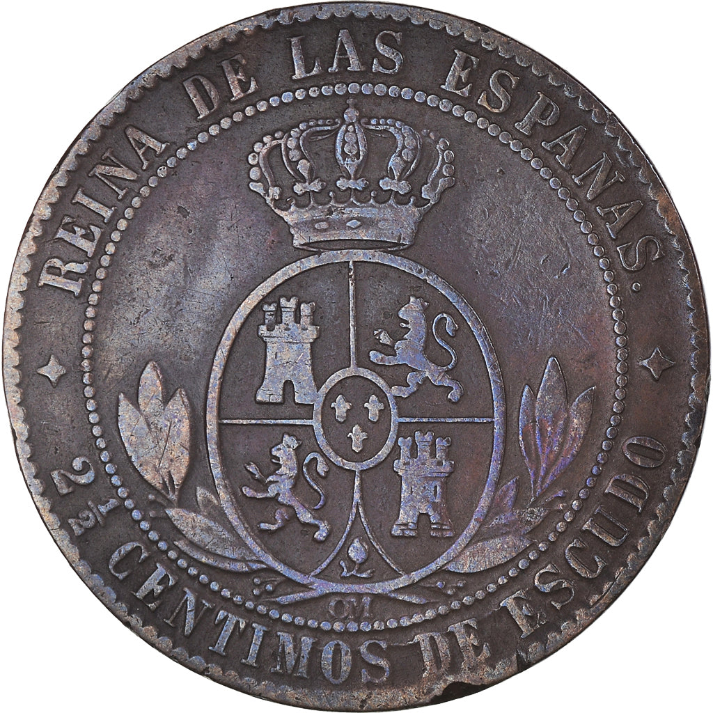 Coin, Spain, Isabel II, 2-1/2 Centimos, 1868, Madrid, VF(30-35), Copper