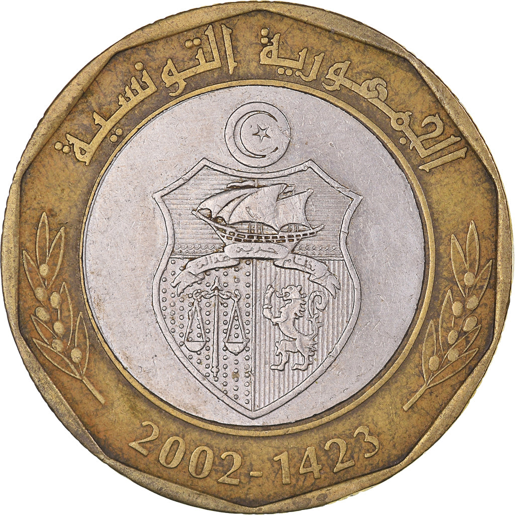 Coin, Tunisia, 5 Dinars, 2002/AH1423, AU(50-53), Bi-Metallic, KM:444