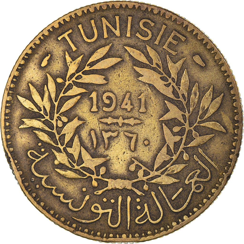 Moneda, Túnez, Anonymous, 2 Francs, 1941/AH1360, Paris, MBC, Aluminio - bronce