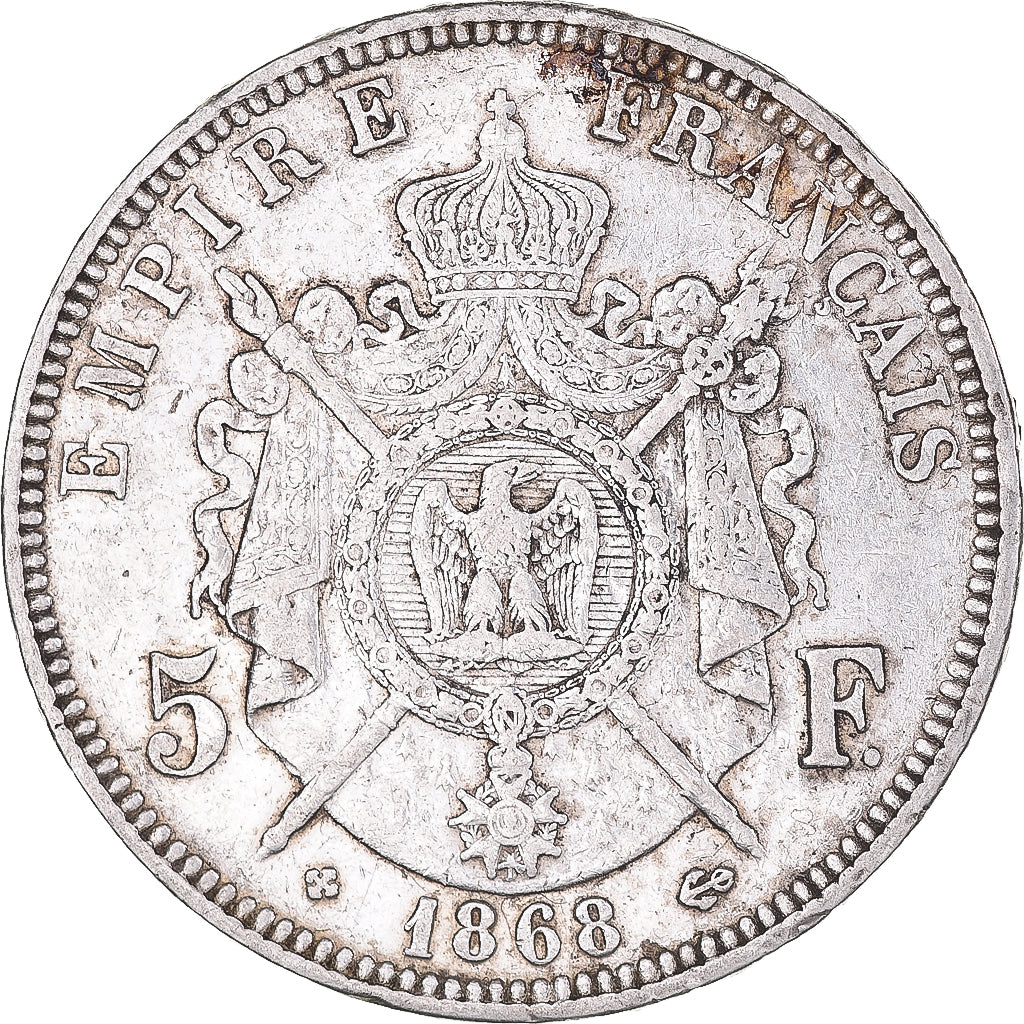 Moeda, França, Napoleon III, 5 Francs, 1868, Strasbourg, EF(40-45), Prata