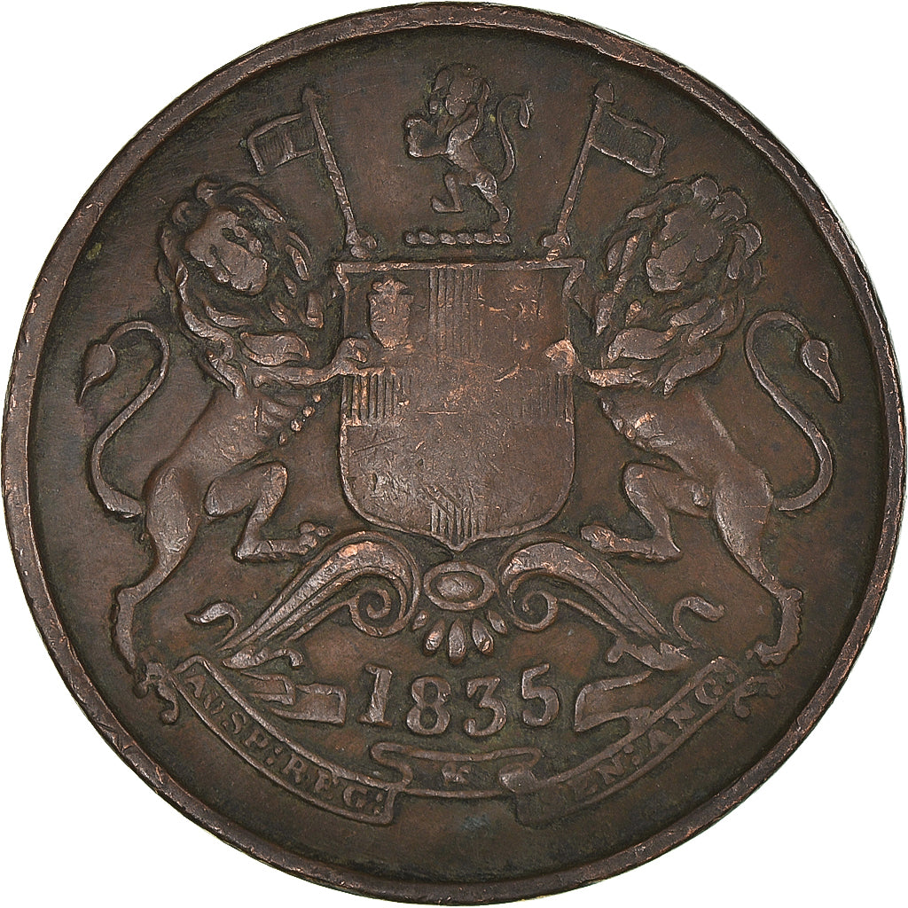 Moneta, INDIA - BRITANNICA, 1/2 Anna, 1835, Bombay, BB, Rame, KM:447.1