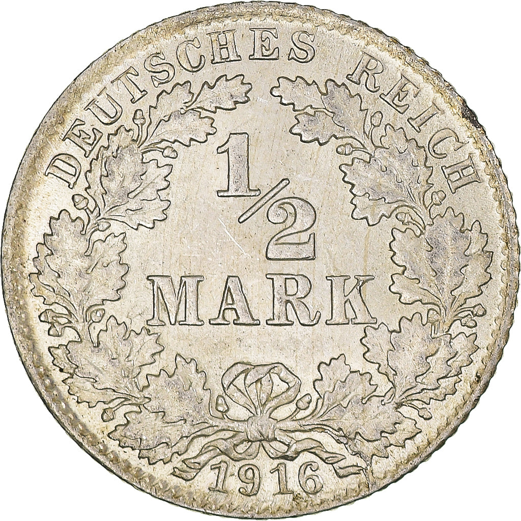 Coin, GERMANY - EMPIRE, 1/2 Mark, 1916, Munich, AU(55-58), Silver, KM:17