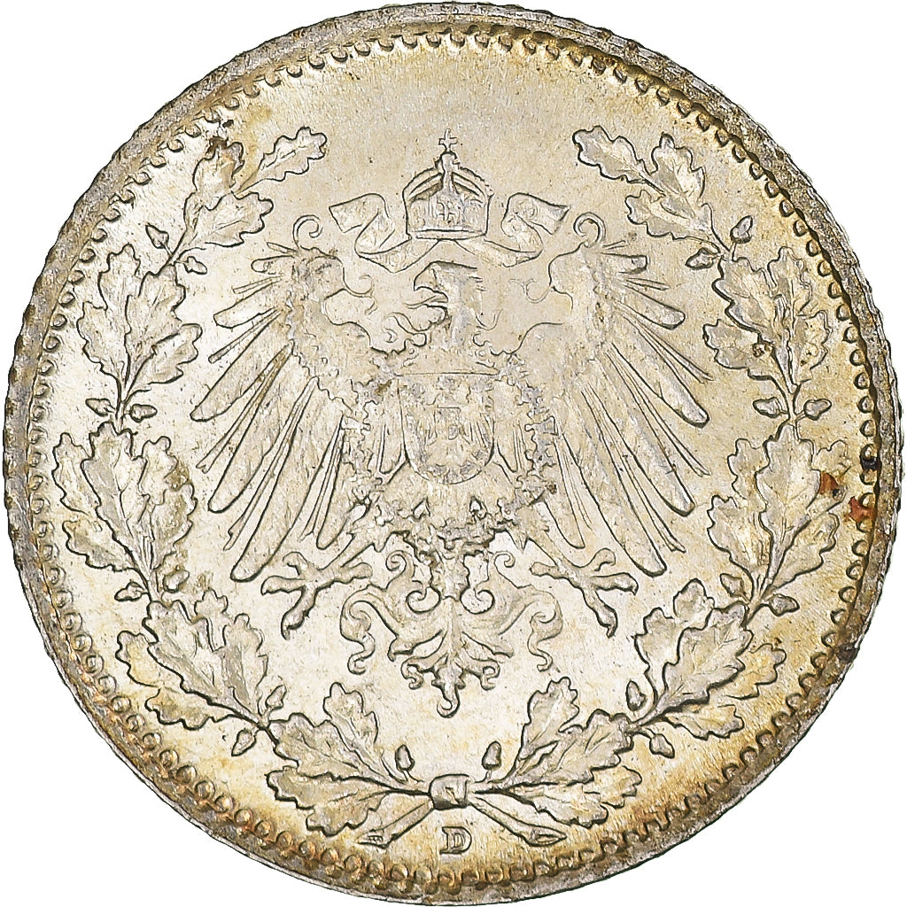 Coin, GERMANY - EMPIRE, 1/2 Mark, 1916, Munich, AU(55-58), Silver, KM:17