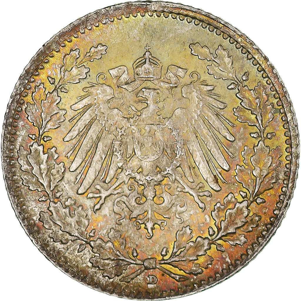 Coin, GERMANY - EMPIRE, 1/2 Mark, 1916, Munich, AU(55-58), Silver, KM:17