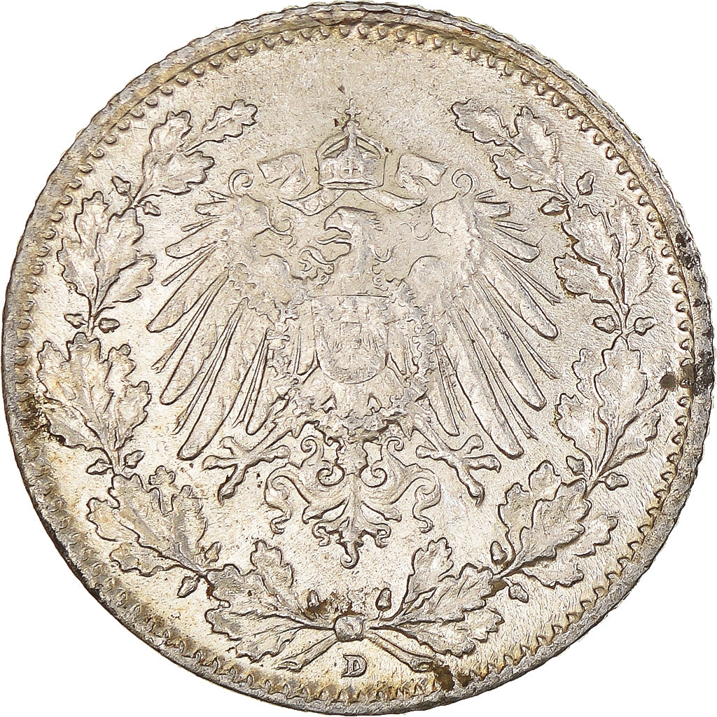 Coin, GERMANY - EMPIRE, 1/2 Mark, 1916, Munich, AU(55-58), Silver, KM:17