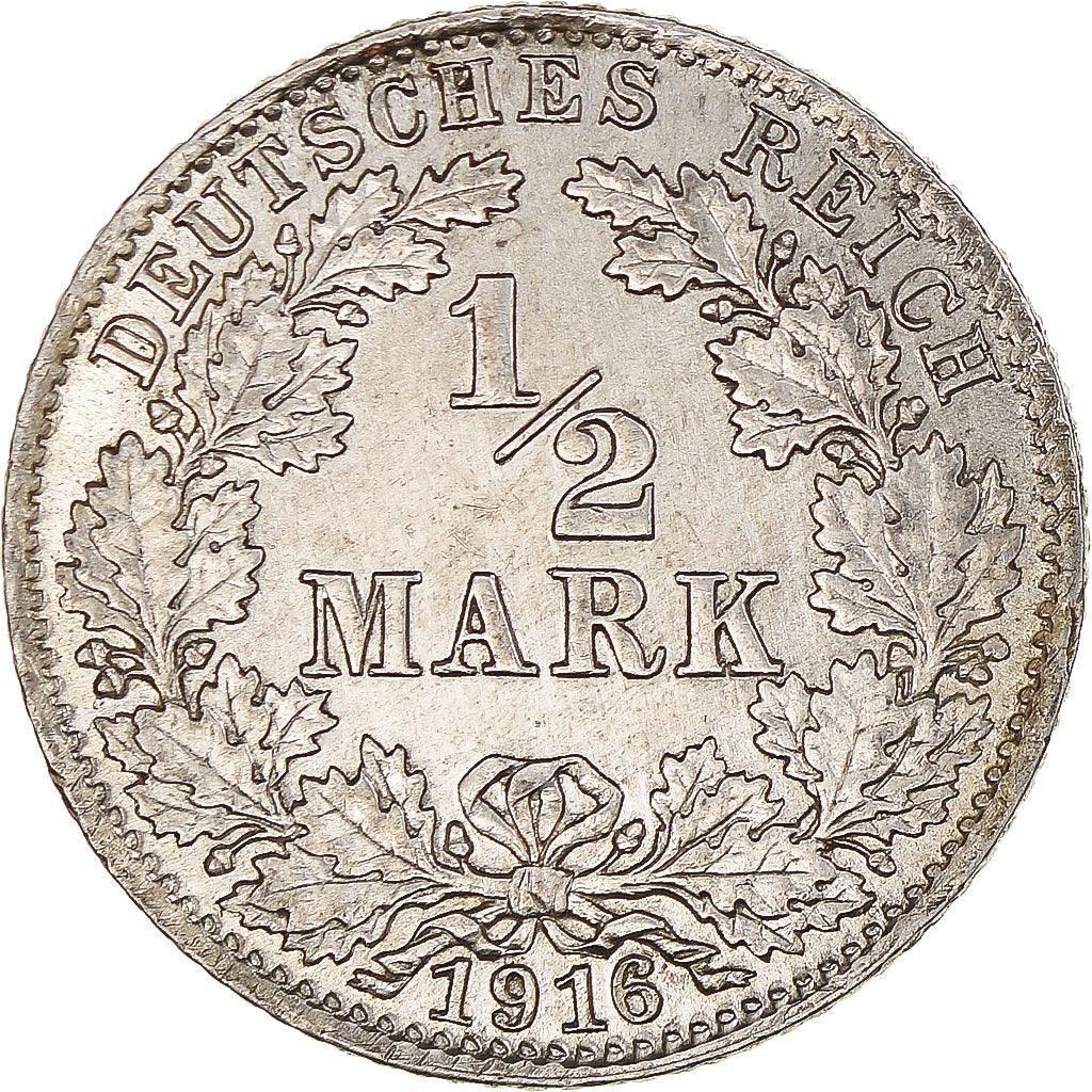 Coin, GERMANY - EMPIRE, 1/2 Mark, 1916, Munich, AU(55-58), Silver, KM:17