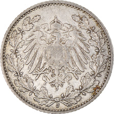Coin, GERMANY - EMPIRE, 1/2 Mark, 1912, Hambourg, EF(40-45), Silver, KM:17