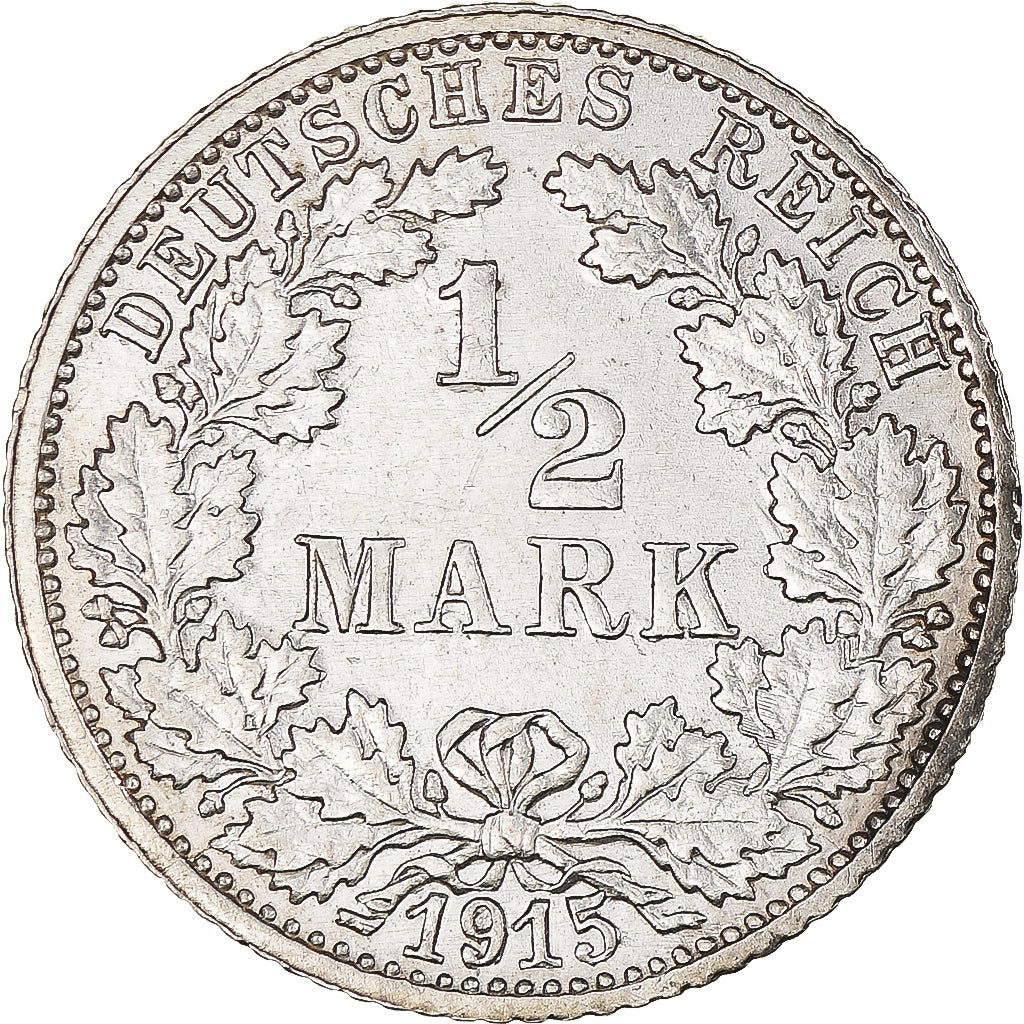 Coin, GERMANY - EMPIRE, 1/2 Mark, 1915, Stuttgart, AU(55-58), Silver, KM:17