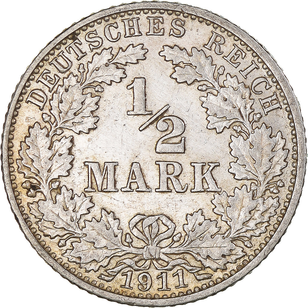Coin, GERMANY - EMPIRE, 1/2 Mark, 1911, Karlsruhe, AU(55-58), Silver, KM:17