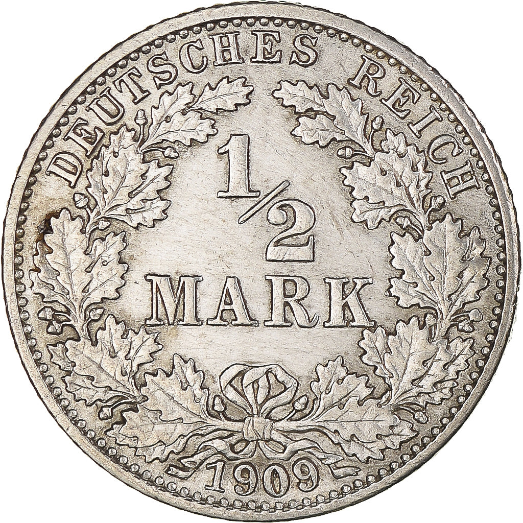 Coin, GERMANY - EMPIRE, 1/2 Mark, 1909, Karlsruhe, AU(50-53), Silver, KM:17