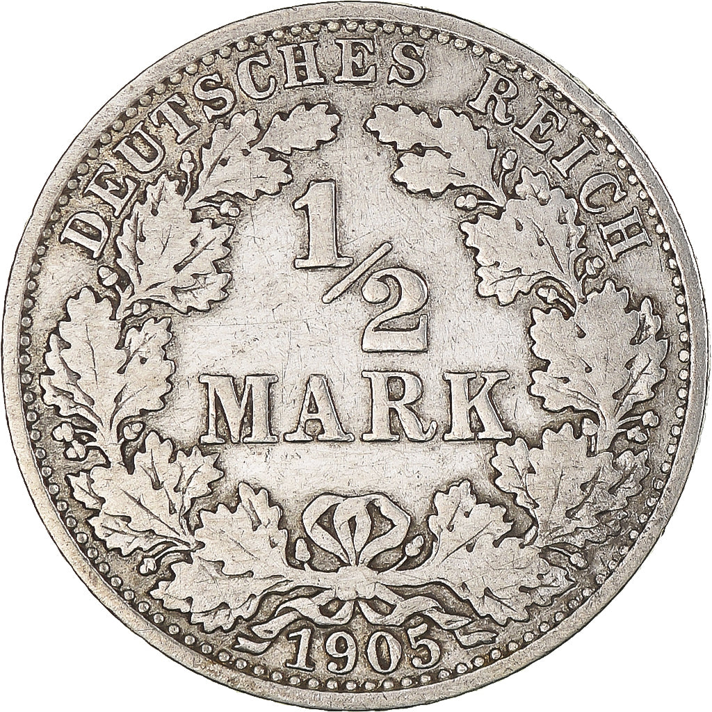 Coin, GERMANY - EMPIRE, 1/2 Mark, 1905, Berlin, VF(30-35), Silver, KM:17