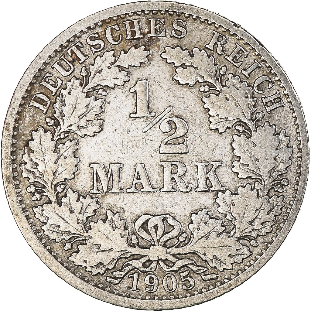 Coin, GERMANY - EMPIRE, 1/2 Mark, 1905, Stuttgart, VF(30-35), Silver, KM:17
