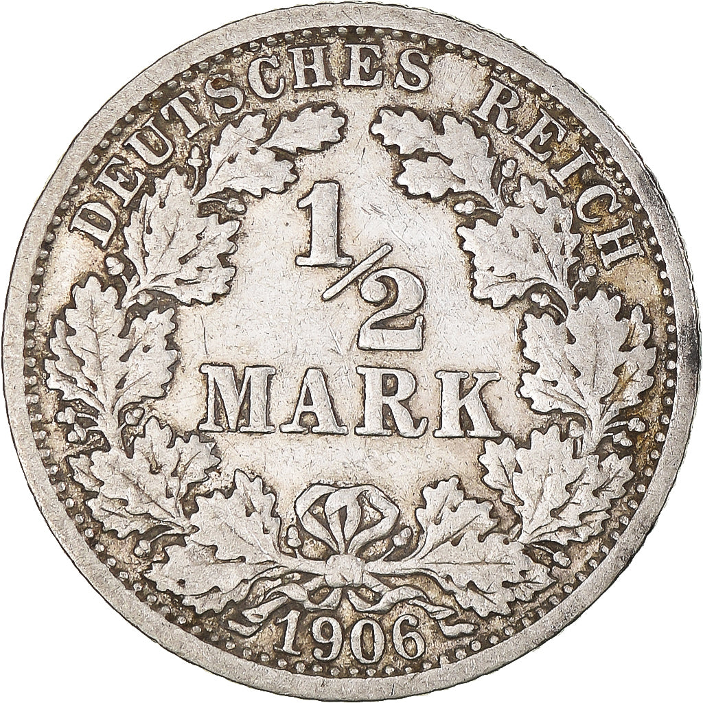 Coin, GERMANY - EMPIRE, 1/2 Mark, 1906, Stuttgart, EF(40-45), Silver, KM:17