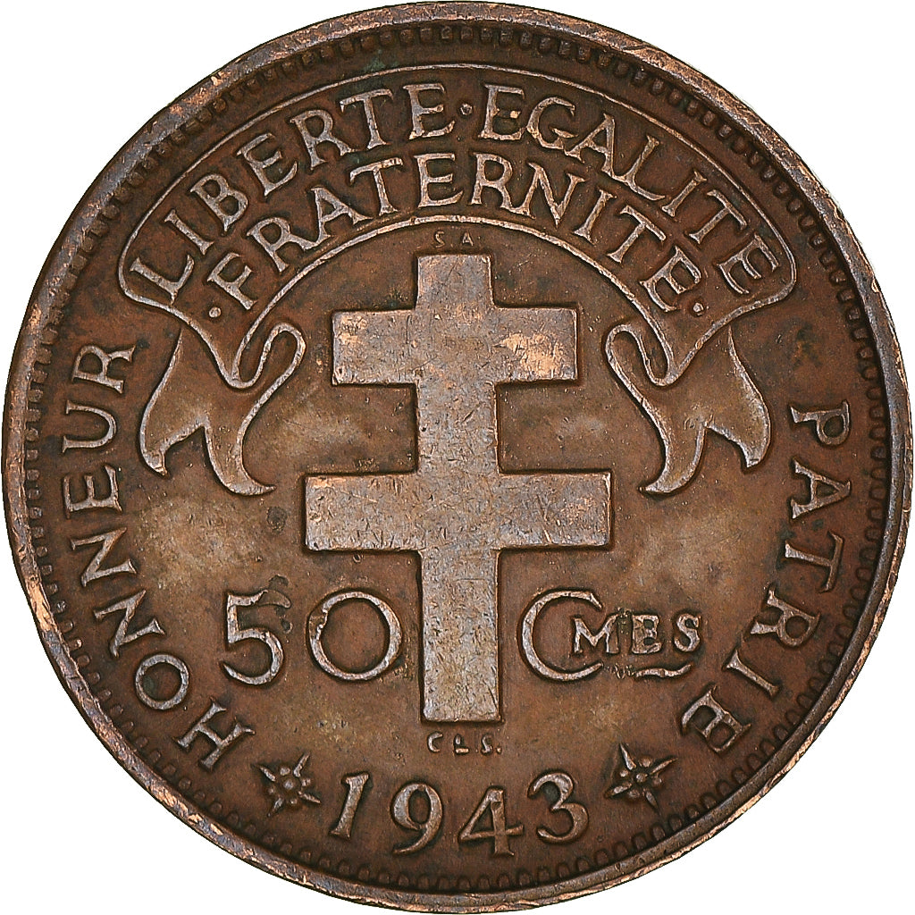 Coin, Cameroon, 50 Centimes, 1943, Pretoria, AU(50-53), Bronze, KM:4