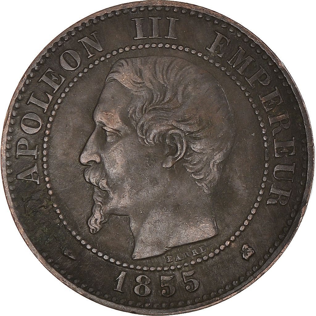 Münze, Frankreich, Napoleon III, 2 Centimes, 1855, Bordeaux, Chien / Dog, S+