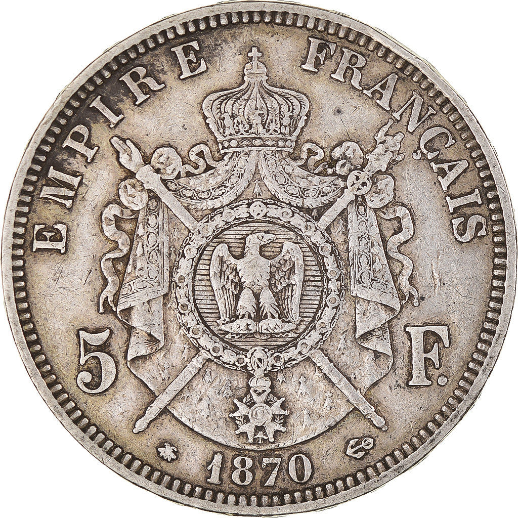 Moeda, França, Napoleon III, 5 Francs, 1870, Paris, EF(40-45), Prata, KM:799.1