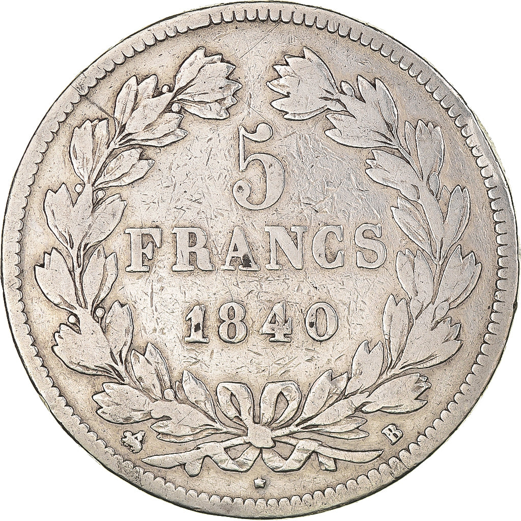 Moneta, Francia, Louis-Philippe, 5 Francs, 1840, Rouen, MB+, Argento, KM:749.2