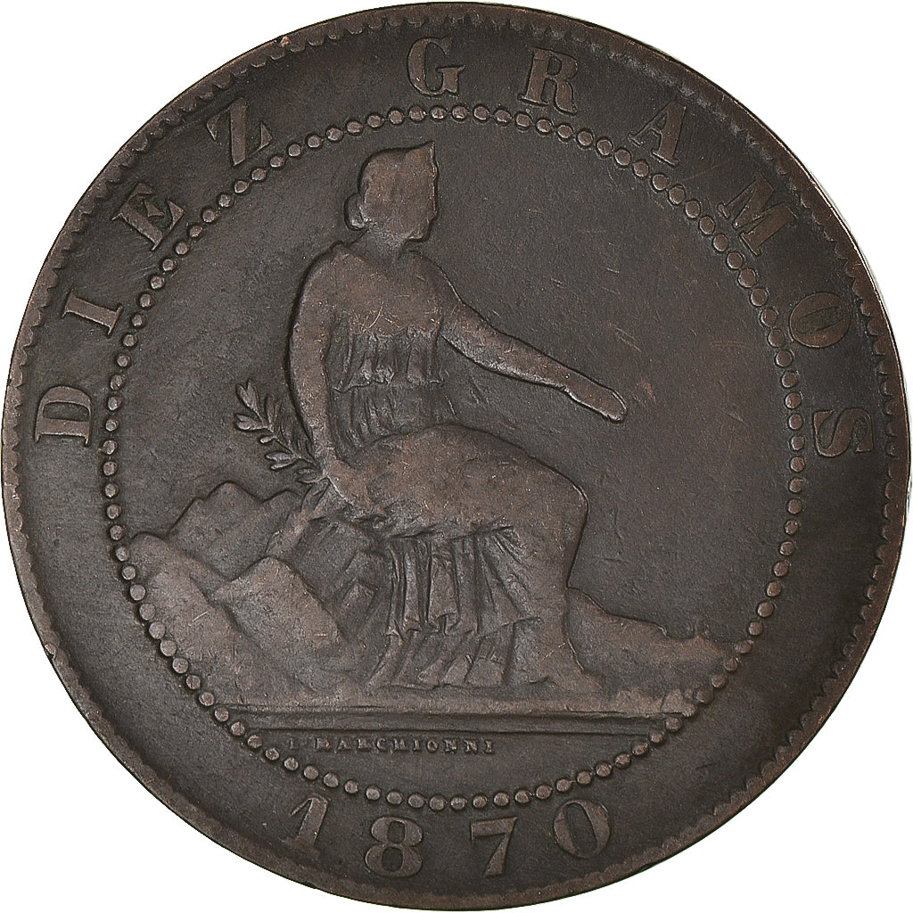 Moneta, Hiszpania, Provisional Government, 10 Centimos, 1870, Madrid, VF(30-35)
