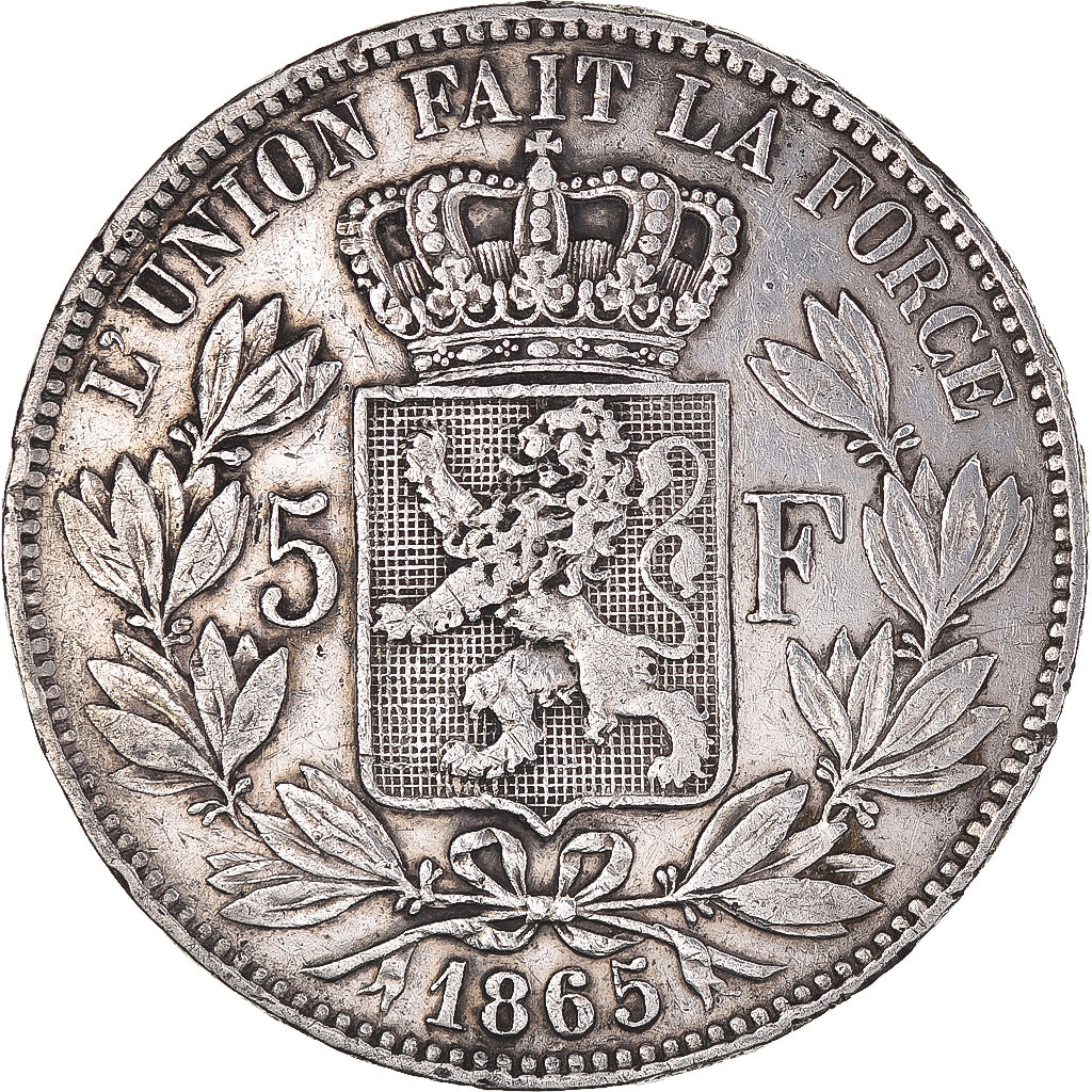 Coin, Belgium, Leopold II, 5 Francs, 5 Frank, 1865, Rare, EF(40-45), Silver