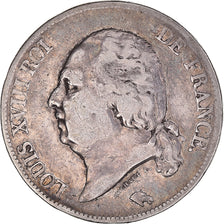 Moeda, França, Louis XVIII, 5 Francs, 1822, Paris, VF(30-35), Prata, KM:711.1