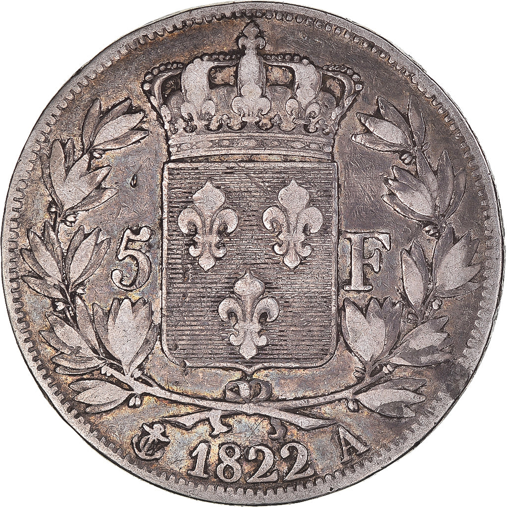 Moeda, França, Louis XVIII, 5 Francs, 1822, Paris, VF(30-35), Prata, KM:711.1