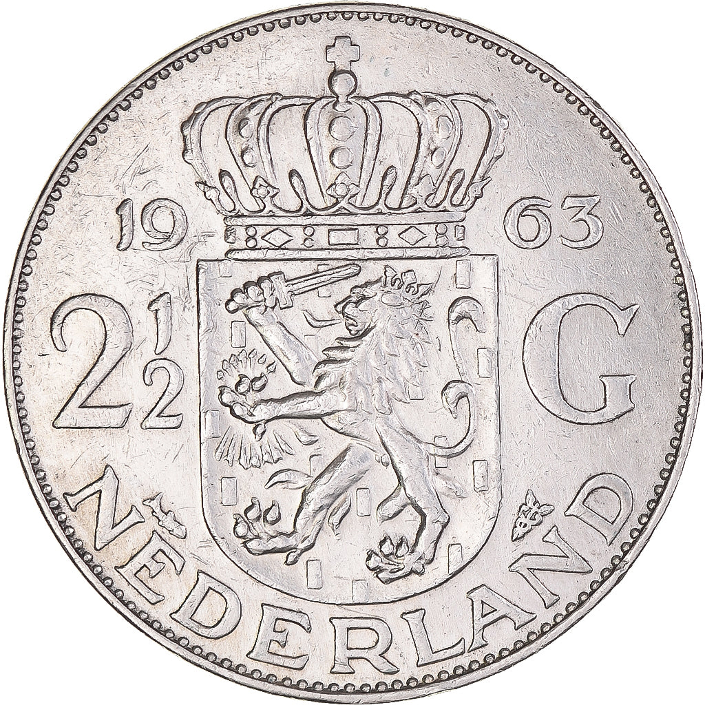 Coin, Netherlands, Juliana, 2-1/2 Gulden, 1963, AU(50-53), Silver, KM:185