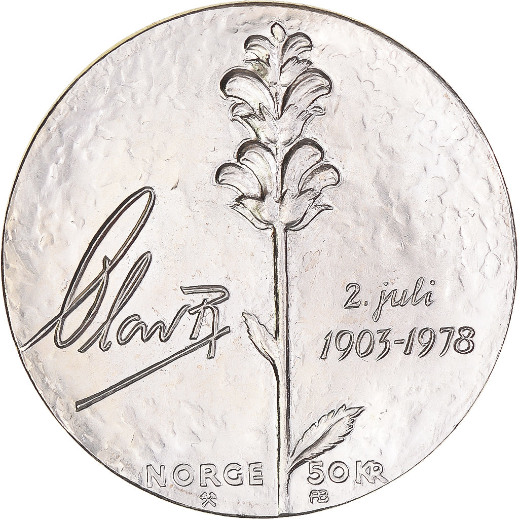 Coin, Norway, Olav V, 50 Kroner, 1978, MS(60-62), Silver, KM:424