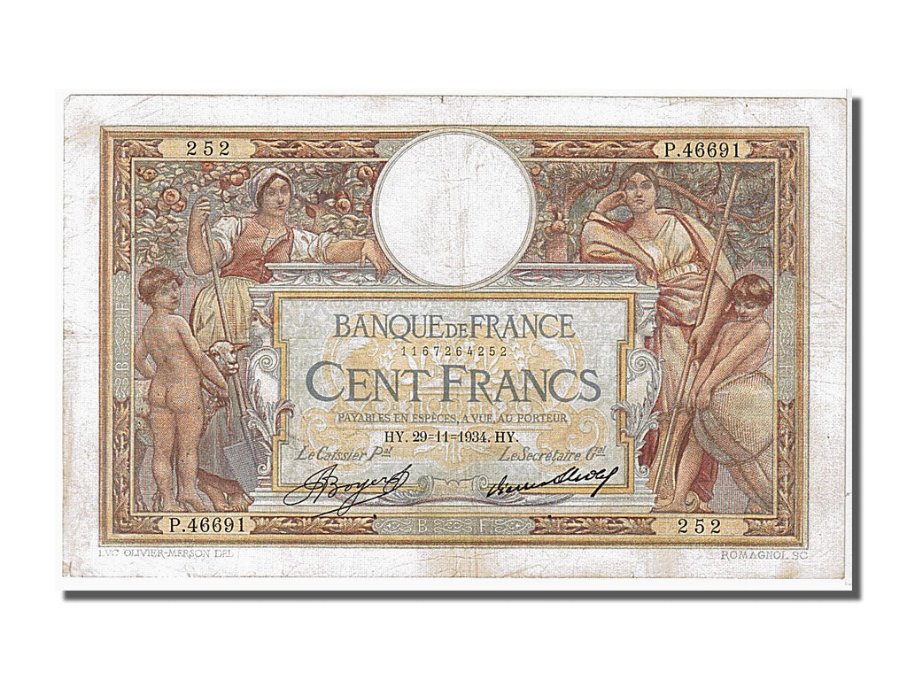 France, 100 Francs, 100 F 1908-1939 ''Luc Olivier Merson'', 1934, KM #78c,...
