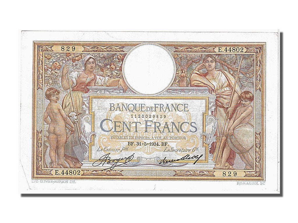 France, 100 Francs, 100 F 1908-1939 ''Luc Olivier Merson'', 1934, KM #78c,...