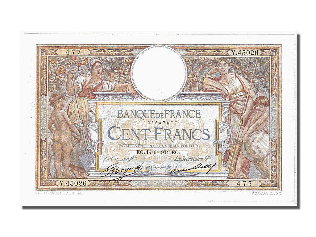 France, 100 Francs, 100 F 1908-1939 ''Luc Olivier Merson'', 1934, KM #78c,...