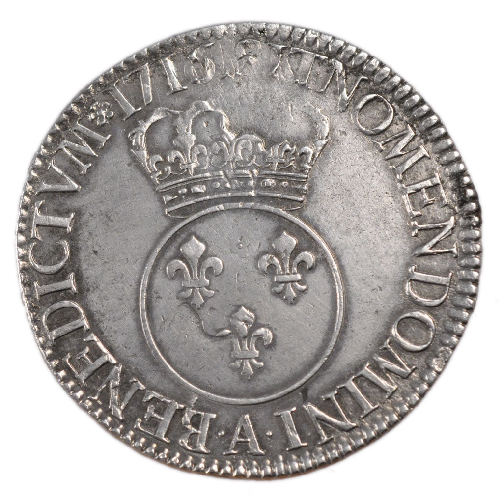 FRANCE, Écu Vertugadin, ECU, 1716, Paris, KM #414.1, AU(50-53), Silver, Gadoury