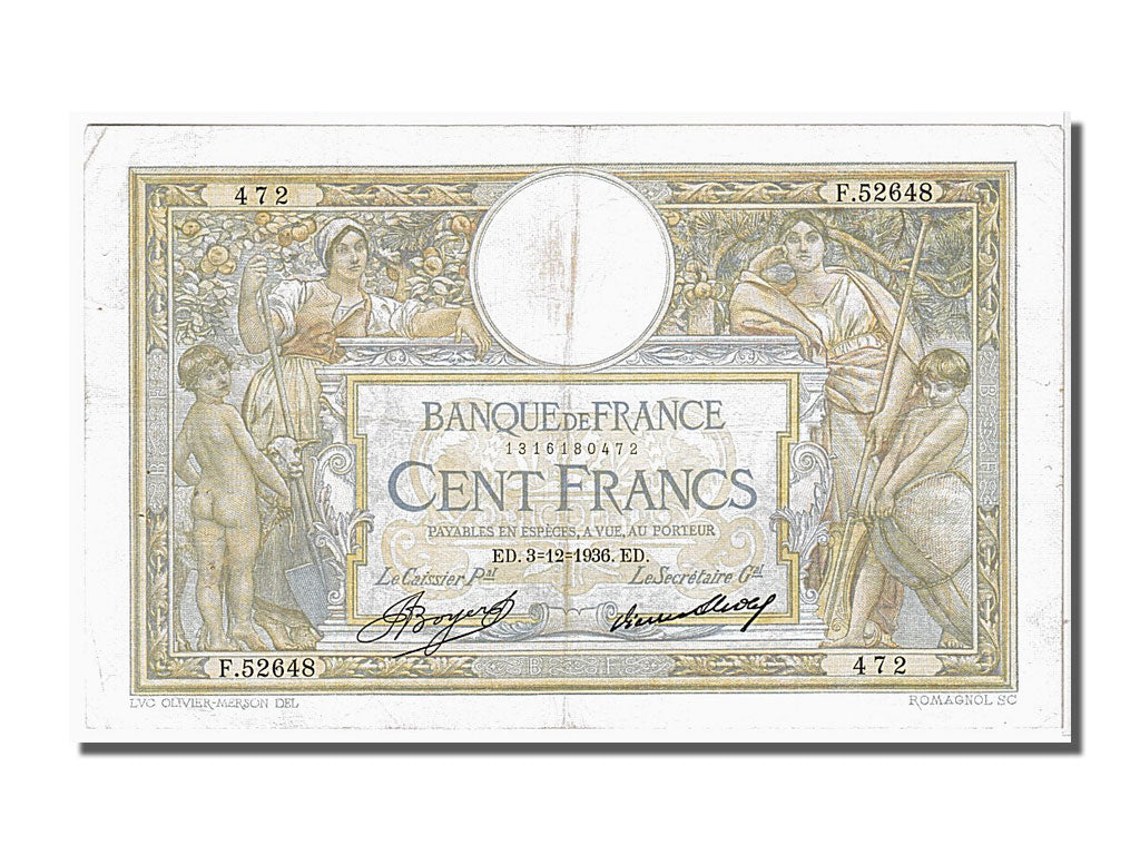 France, 100 Francs, 100 F 1908-1939 ''Luc Olivier Merson'', 1936, KM #78c,...