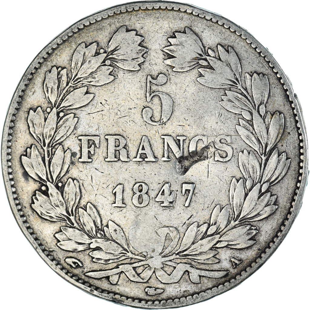 Moneda, Francia, Louis-Philippe, 5 Francs, 1847, Paris, BC+, Plata, KM:749.1