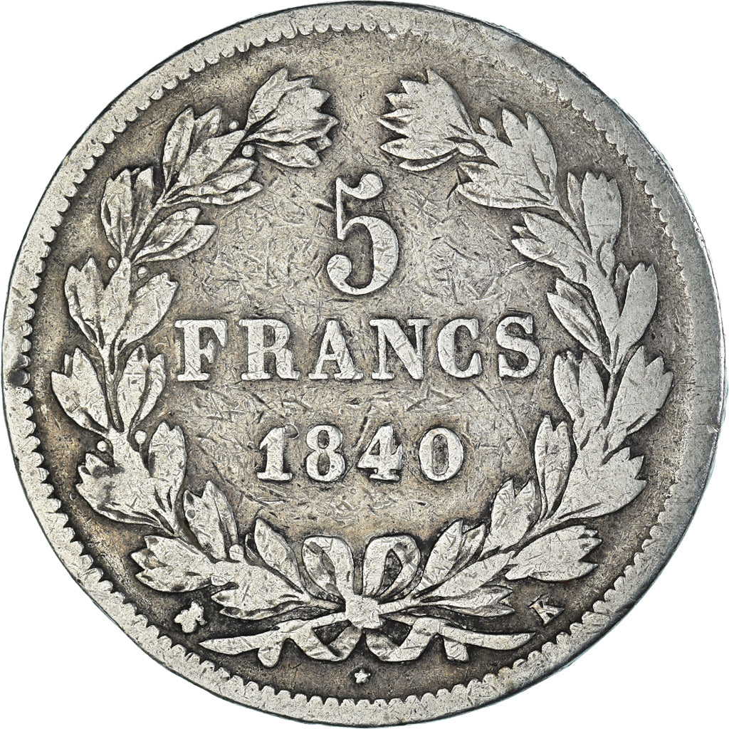 Moneda, Francia, Louis-Philippe, 5 Francs, 1840, Bordeaux, BC+, Plata, KM:749.7