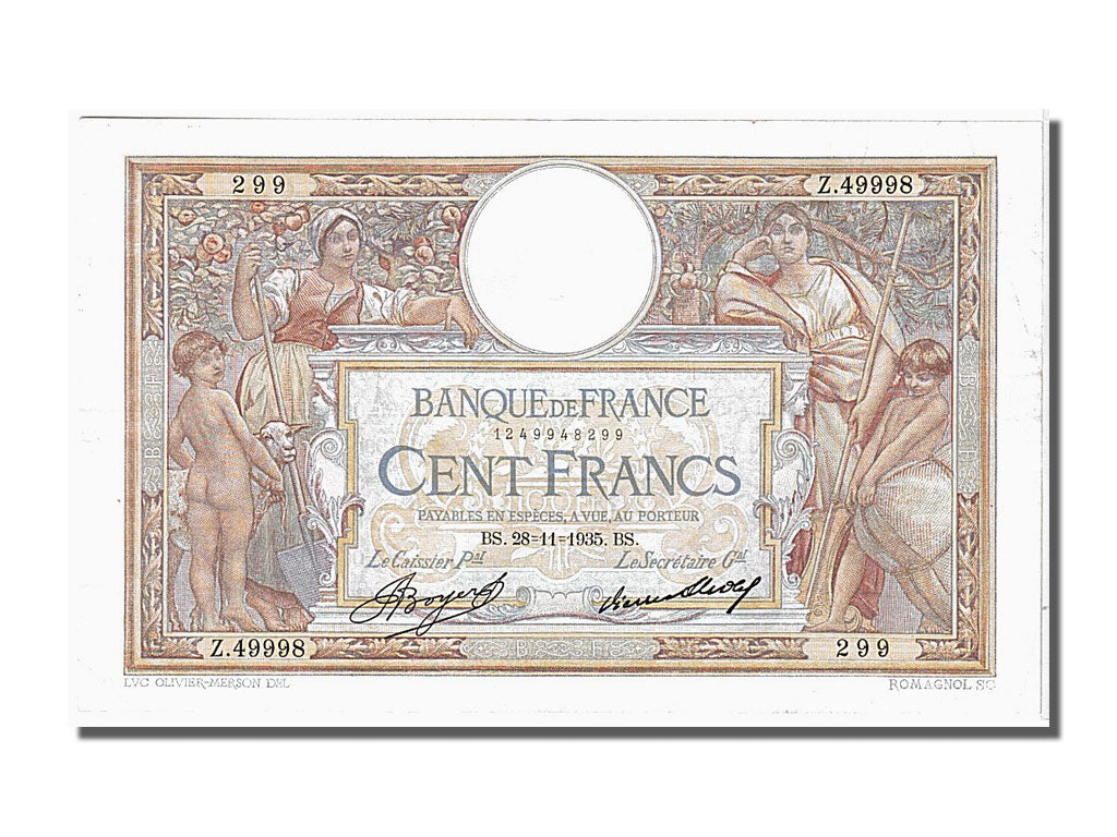 France, 100 Francs, 100 F 1908-1939 ''Luc Olivier Merson'', 1935, KM #78c,...