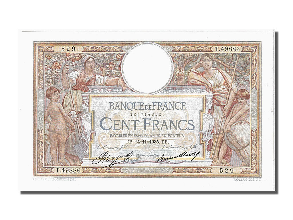 France, 100 Francs, 100 F 1908-1939 ''Luc Olivier Merson'', 1935, KM #78c,...