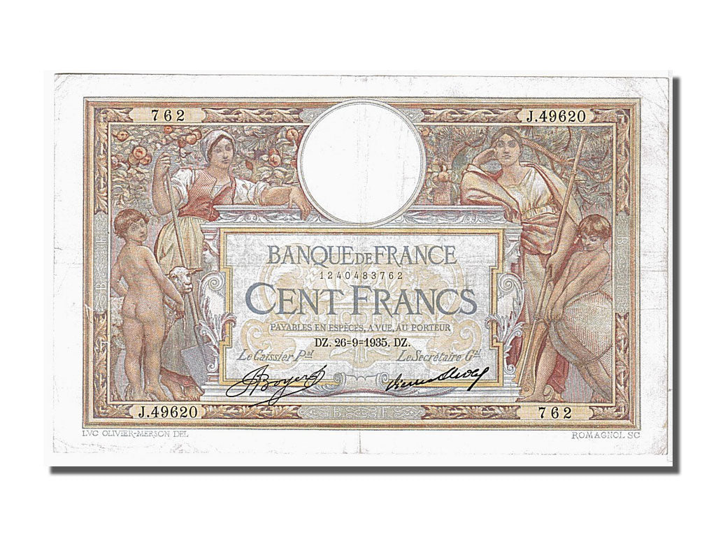 France, 100 Francs, 100 F 1908-1939 ''Luc Olivier Merson'', 1935, KM #78c,...